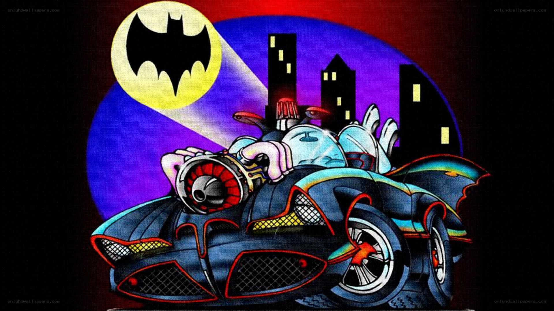 Batman in Batmobile at night