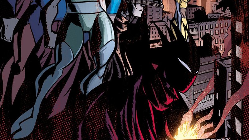 Batman in Cityscape — Black, Dramatic, Night, Comic, City Buildings, Fire