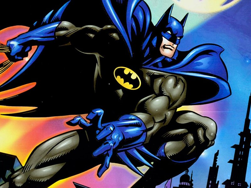 Batman in Flight — Blue, Dramatic, Night, Comic, City Skyline