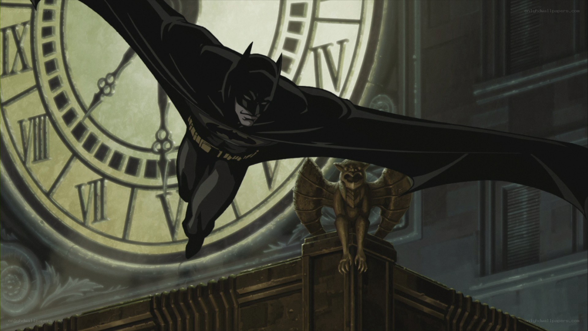 Batman in flight over Gotham