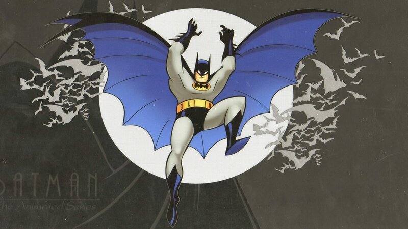 Batman in flight with bats