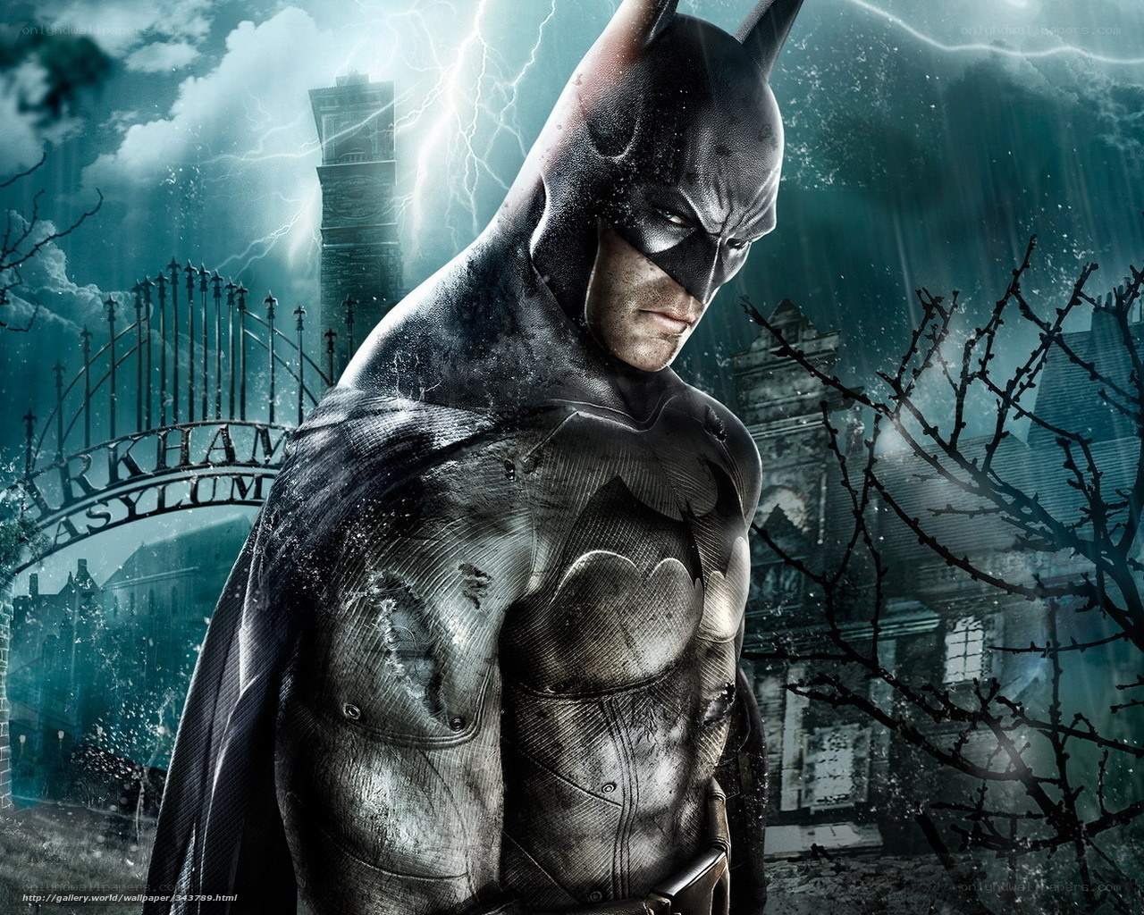 Batman in front of Arkham Asylum