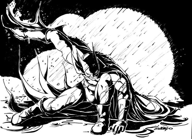 Batman in Rain — Black, Dramatic, Night, Comic, Moon