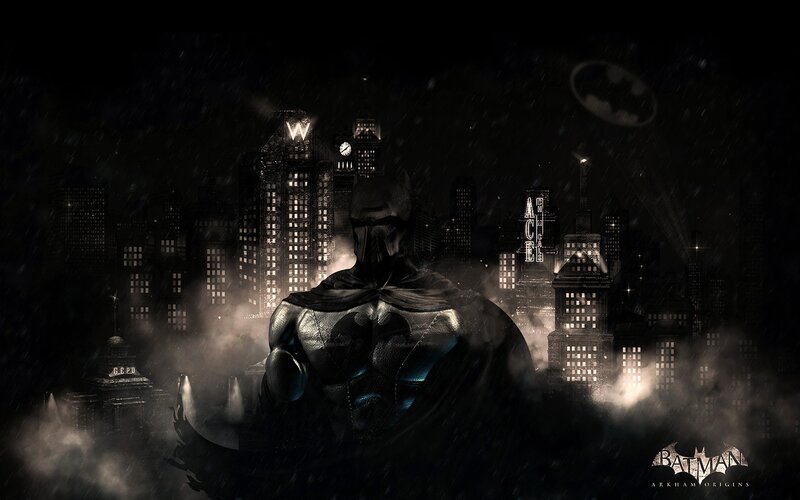 Batman in Rain — Black, Dramatic, Night, Digital Art, City Skyline, Clouds