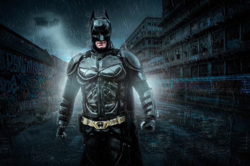 Batman in Rain — Black, Dramatic, Night, Photograph, Graffiti