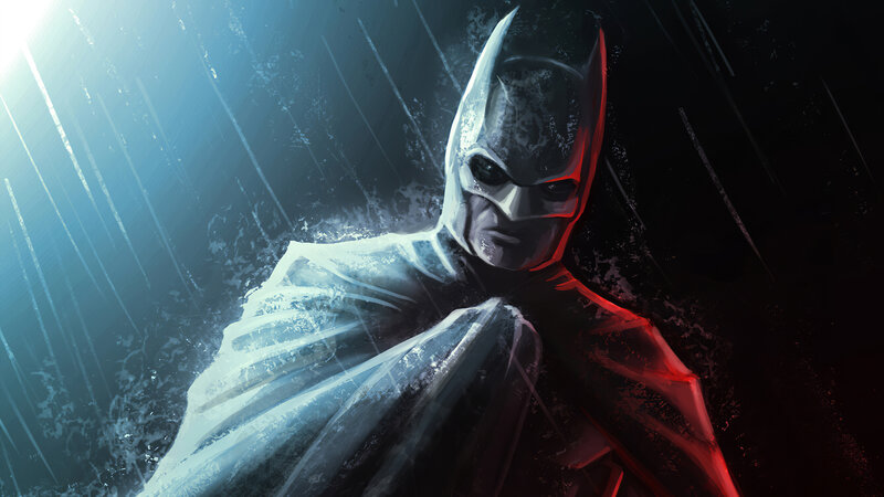 Batman in Rain — Blue, Dramatic, Night, Digital Art, Cape