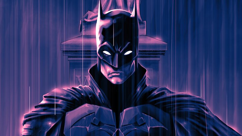Batman in Rain — Blue, Dramatic, Night, Digital Art