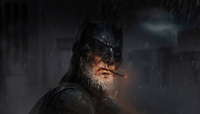 Batman in the Rain — Black, Dramatic, Night, Digital Art