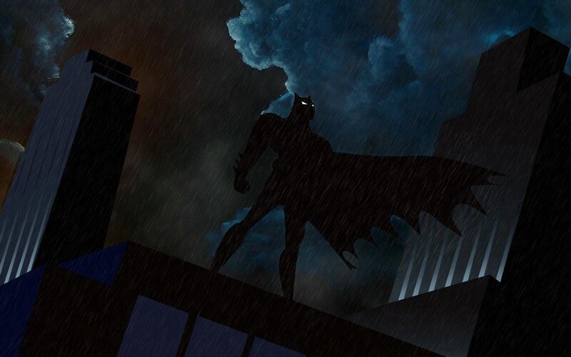 Batman on a rainy rooftop