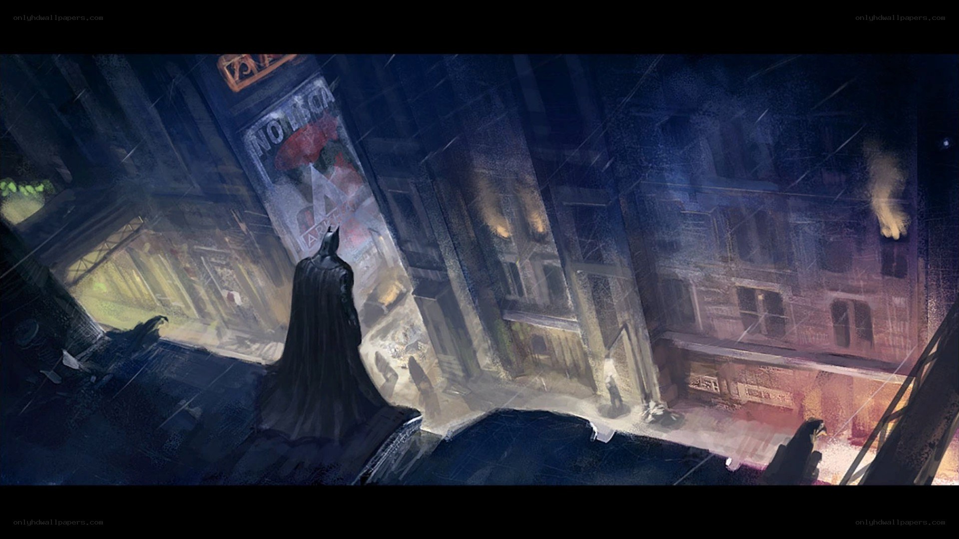 Batman on a rainy rooftop