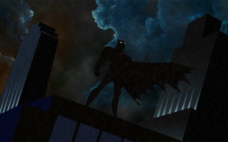 Batman on a rainy rooftop