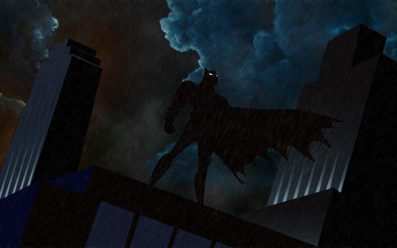 Batman on a rainy rooftop