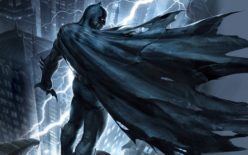 Batman on a Rooftop — Blue, Dramatic, Night, Digital Art, City Skyline
