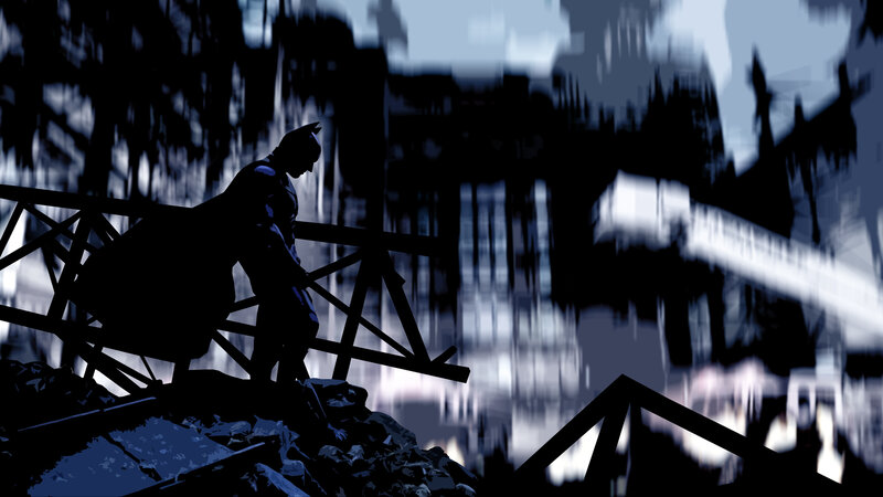 Batman on a ruined bridge