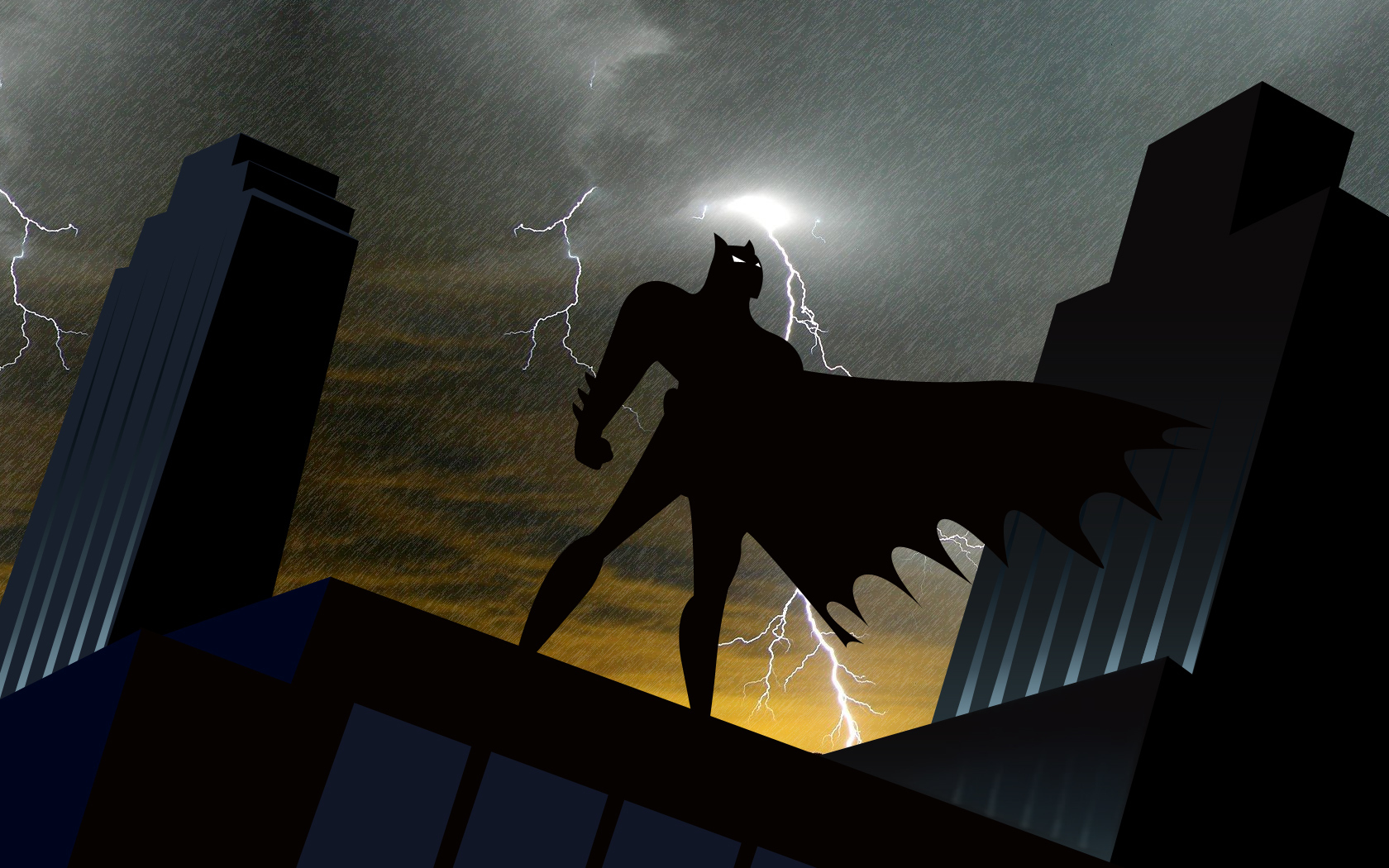 Batman on a stormy rooftop