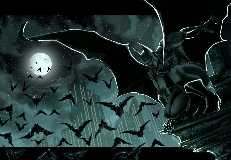 Batman on Building — Black, Dramatic, Night