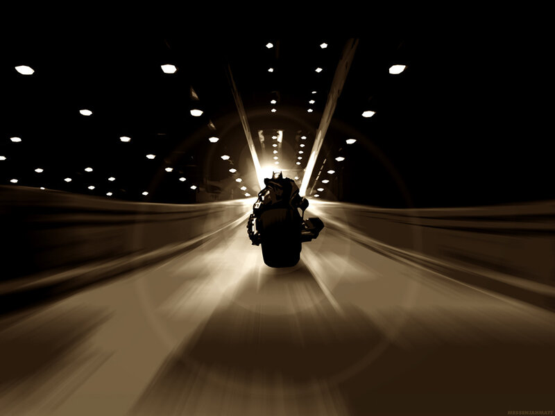 Batman on motorcycle in tunnel