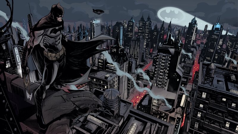 Batman on Rooftop — Black, Dramatic, Night, Comic, Cityscape