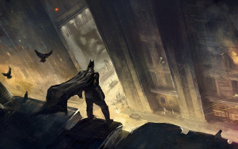 Batman on Rooftop — Black, Dramatic, Night, Digital Art, Birds