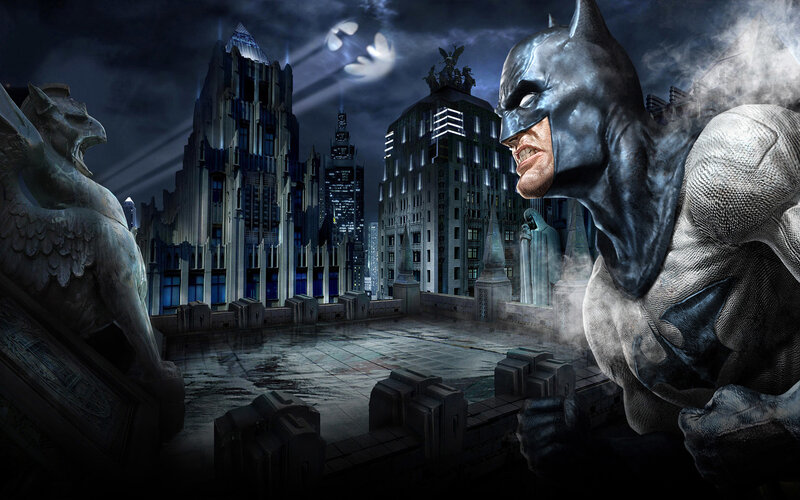 Batman on Rooftop — Black, Dramatic, Night, Digital Art, City Skyline, Griffin Statue