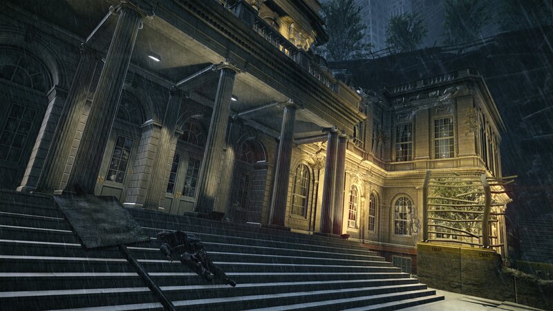 Batman on steps in rain