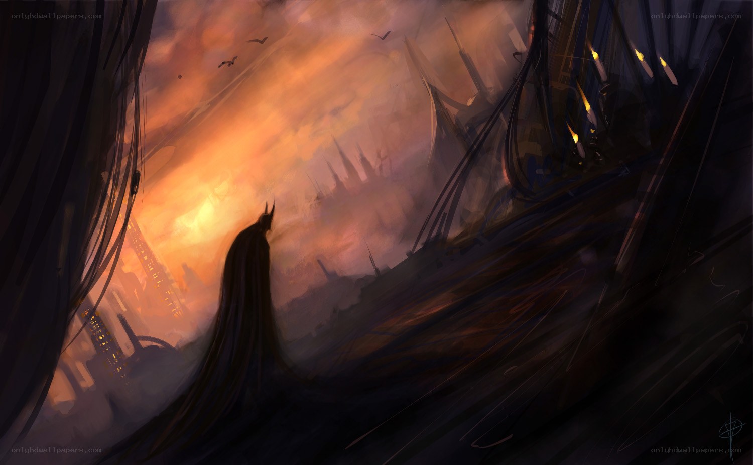 Batman overlooking a burning city