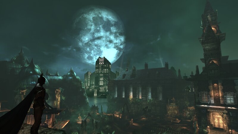 Batman overlooks Gotham at night