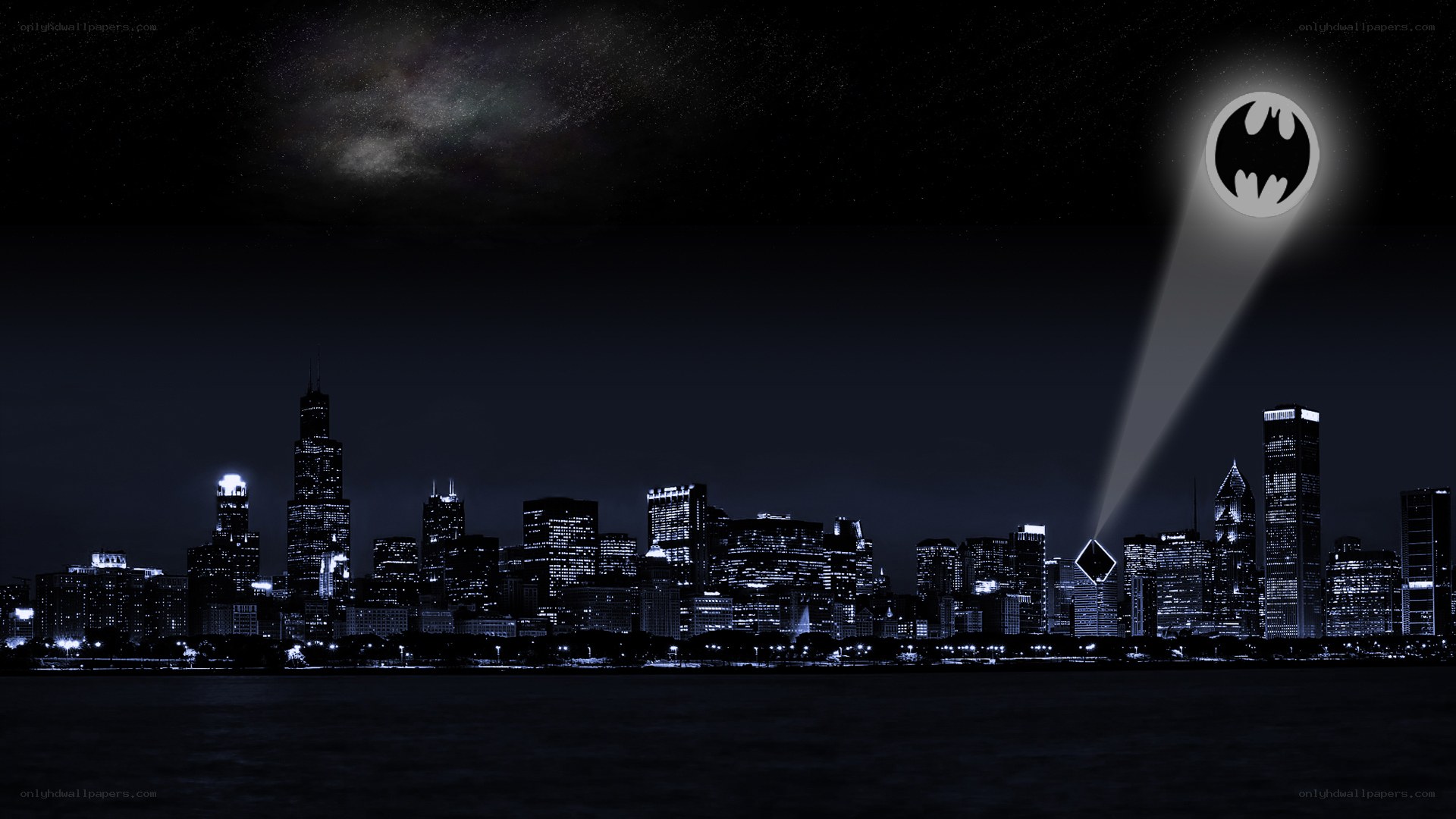 Batman signal over city skyline