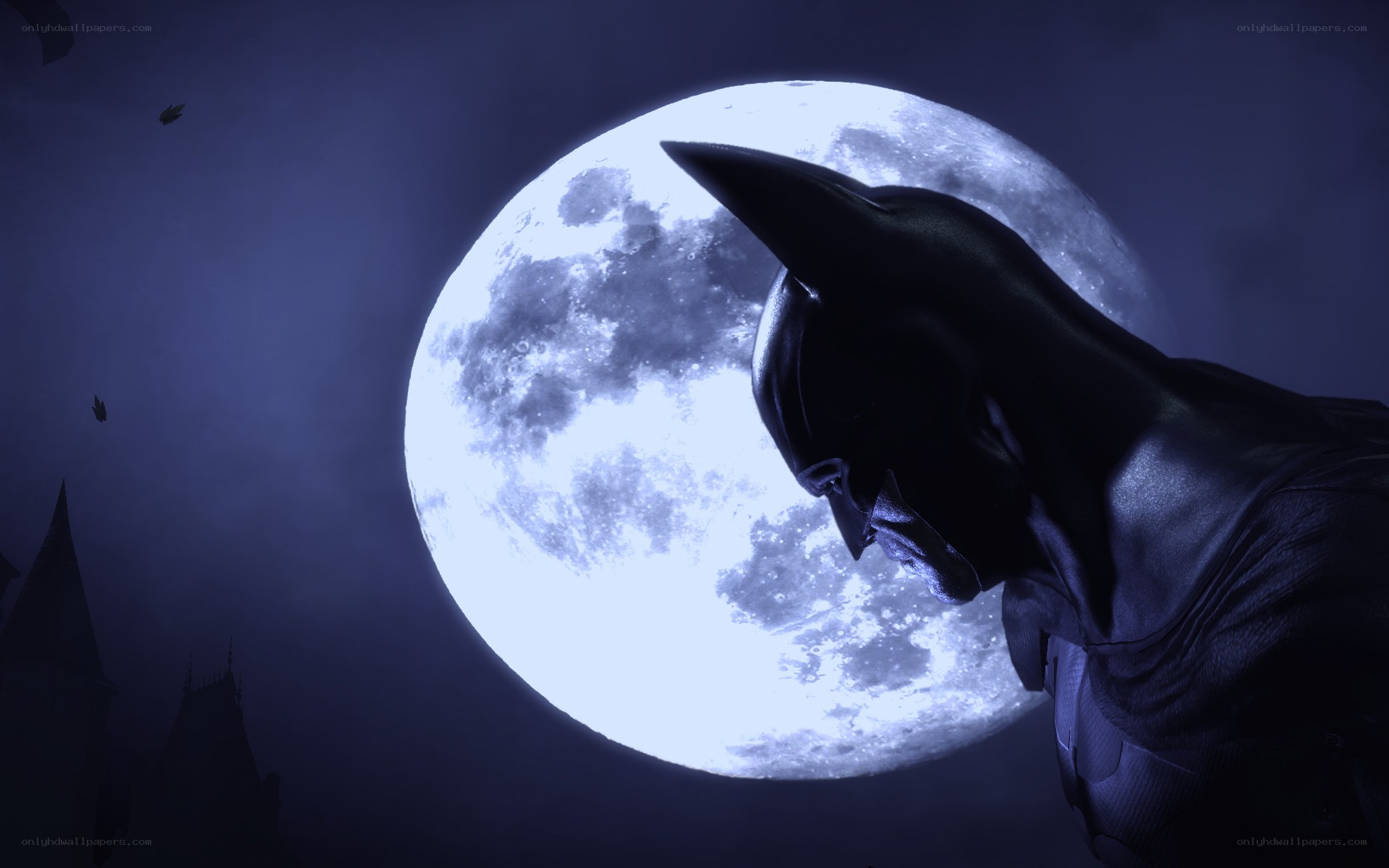 Batman silhouetted against moon