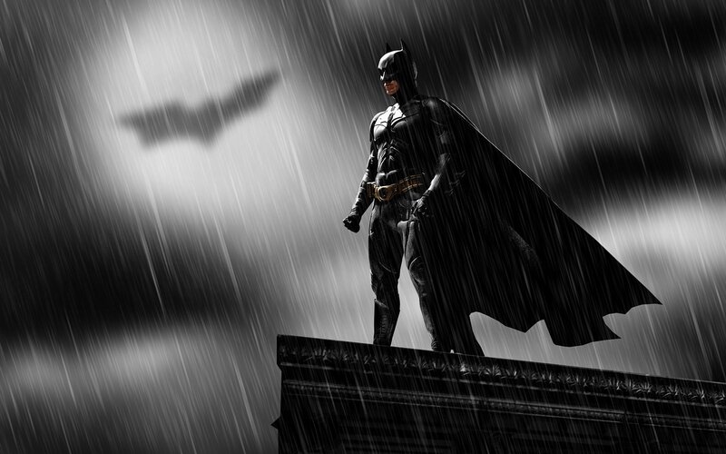 Batman Standing in Rain — Black, Dramatic, Night, Photograph