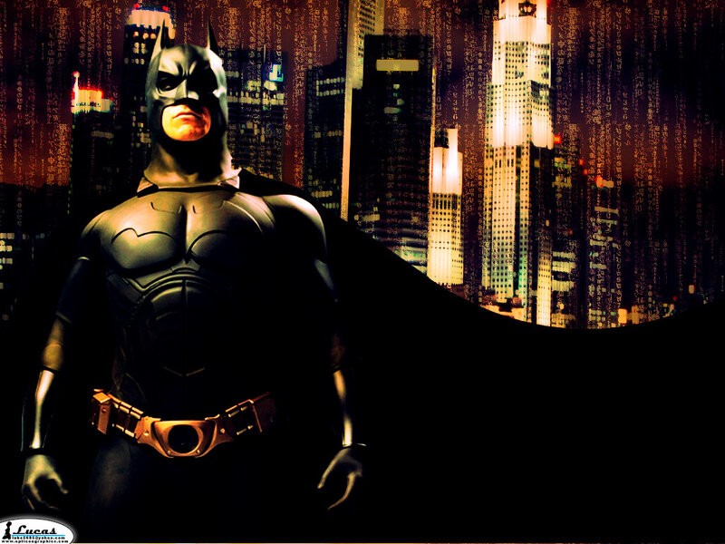 Batman stands before a digital city
