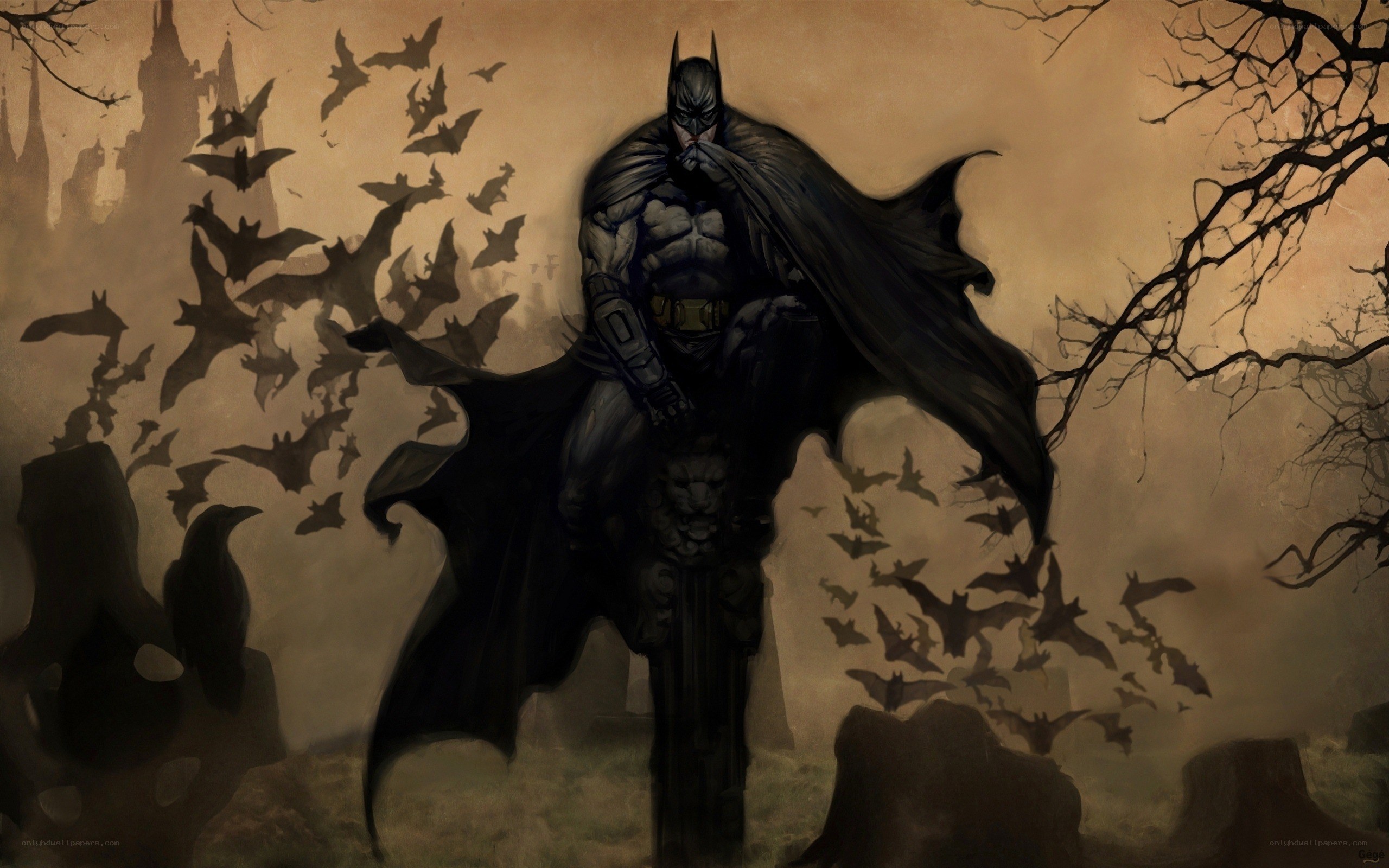 Batman stands in a bat-filled graveyard