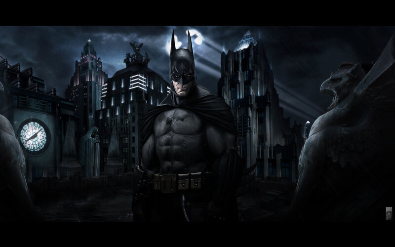 Batman stands in Gotham City