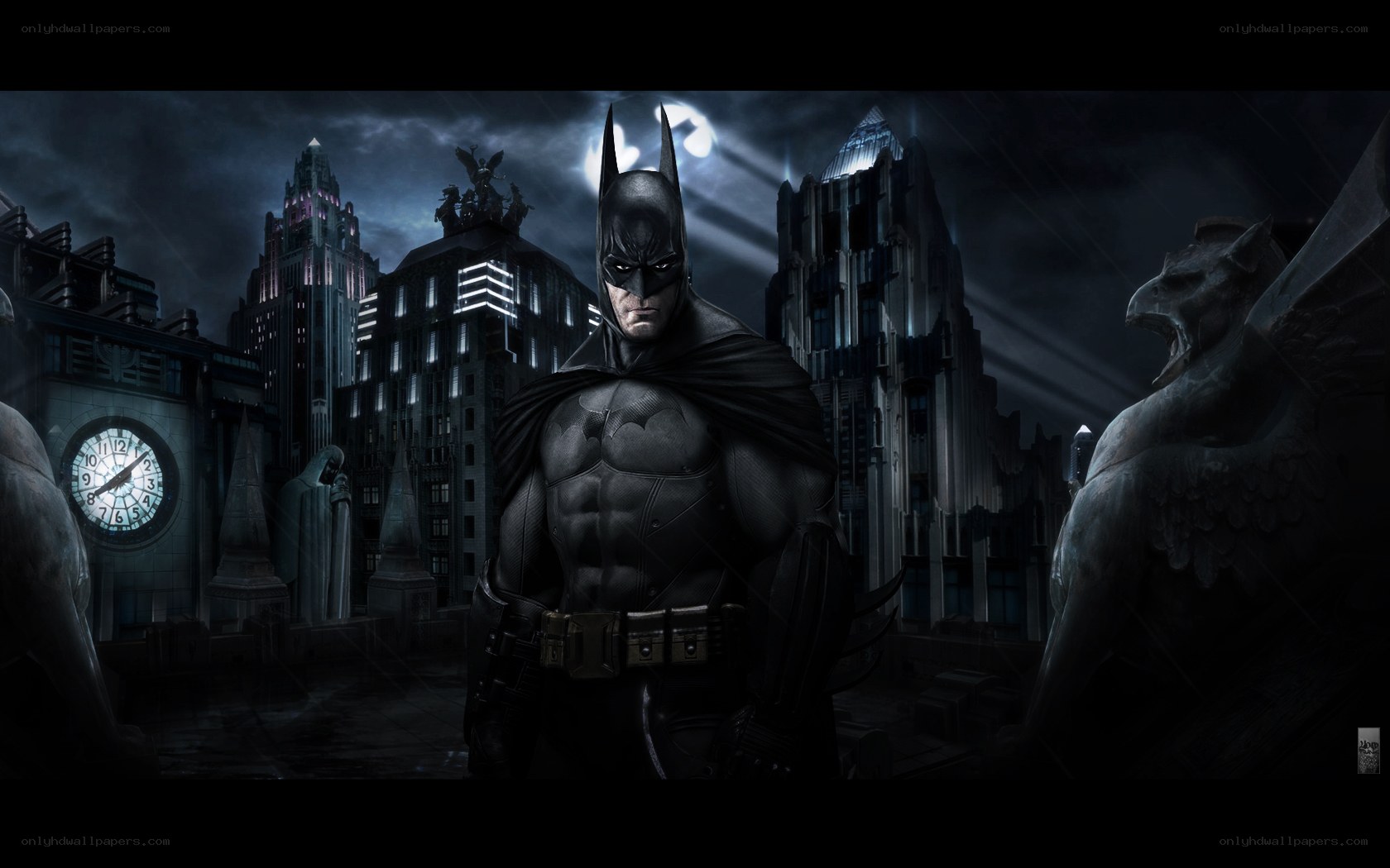 Batman stands in Gotham City
