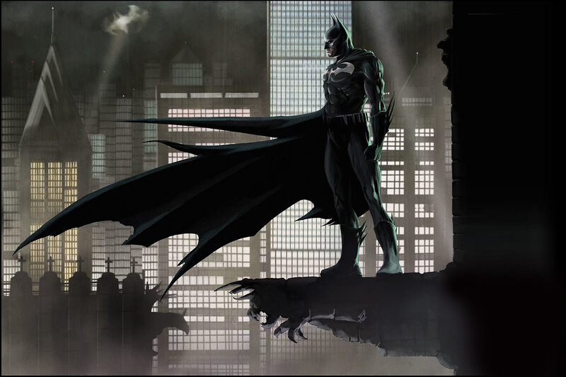 Batman stands on a rooftop