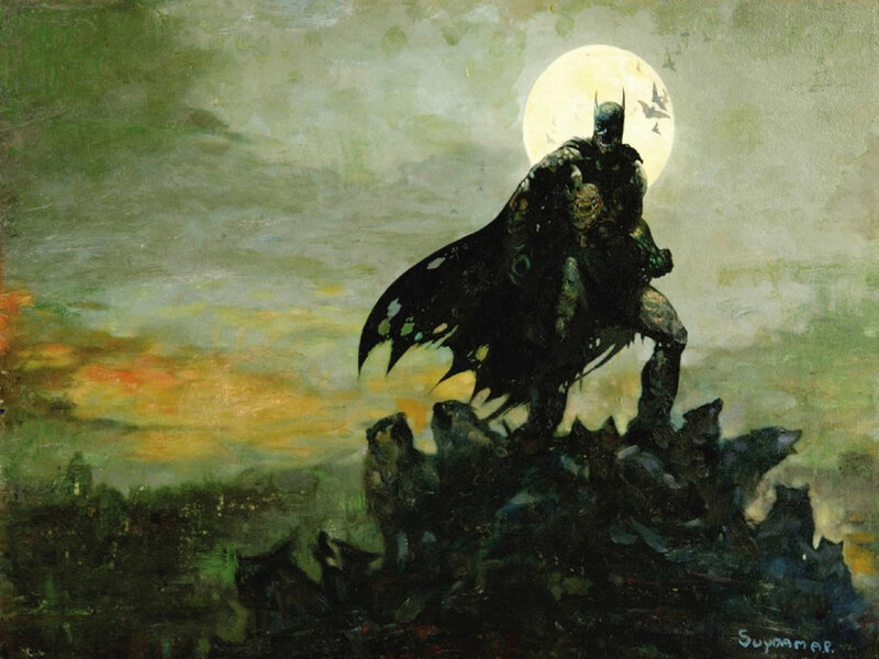 Batman stands on a ruin