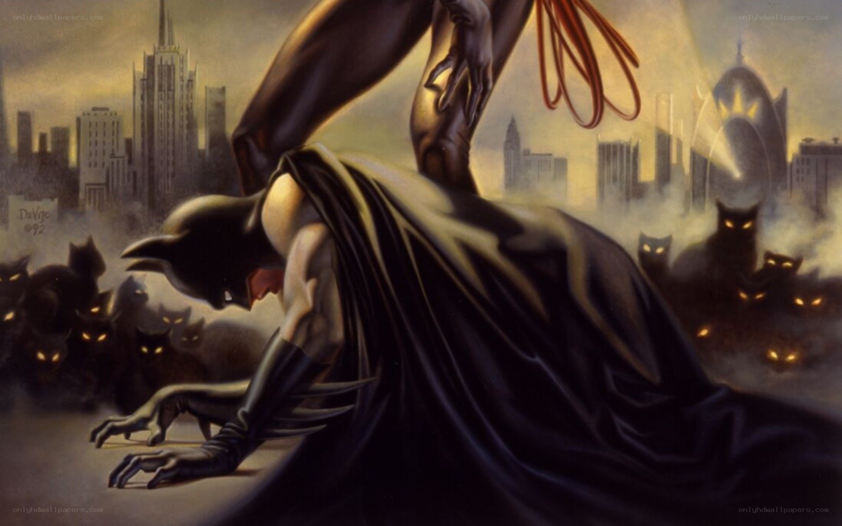 Batman surrounded by cats