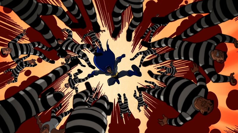 Batman surrounded by prisoners
