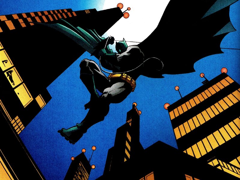 Batman swinging through Gotham