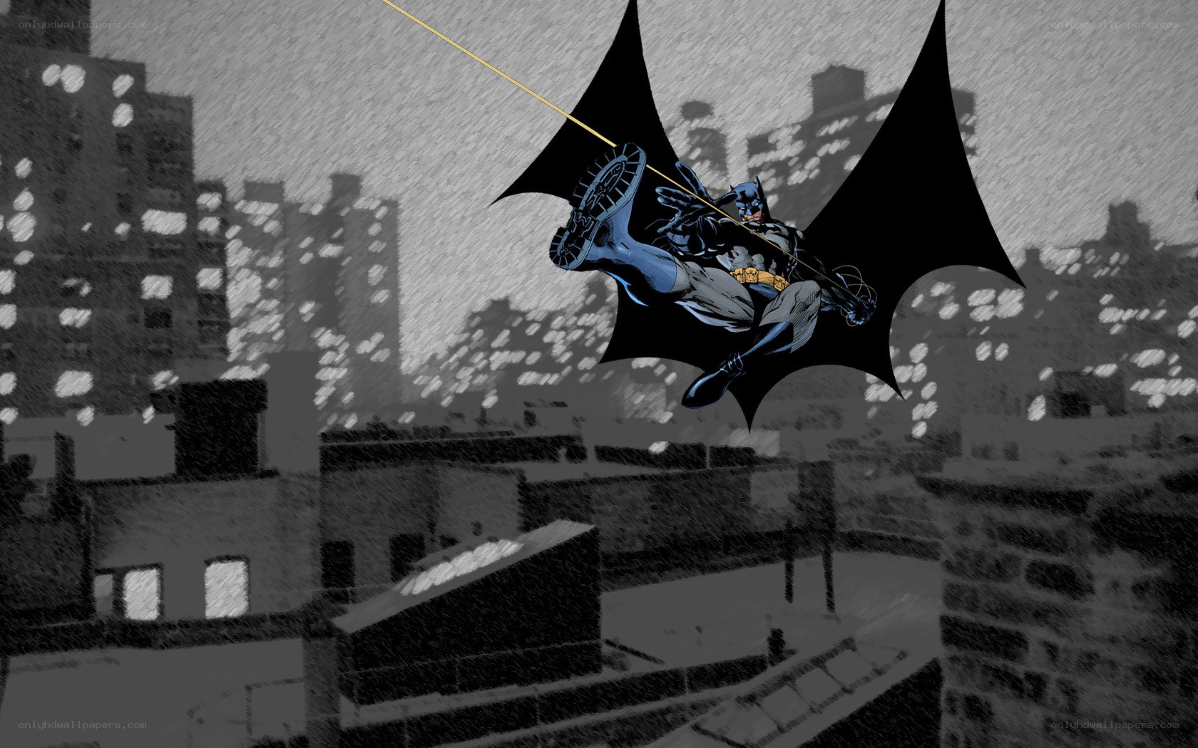 Batman swinging through the city