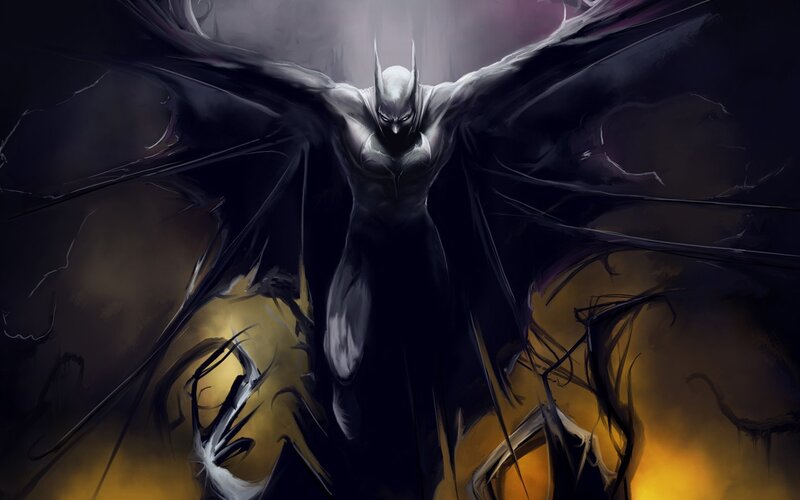 Batman with Bat Wings — Black, Dramatic, Night, Digital Art, Darkness, Yellow Light