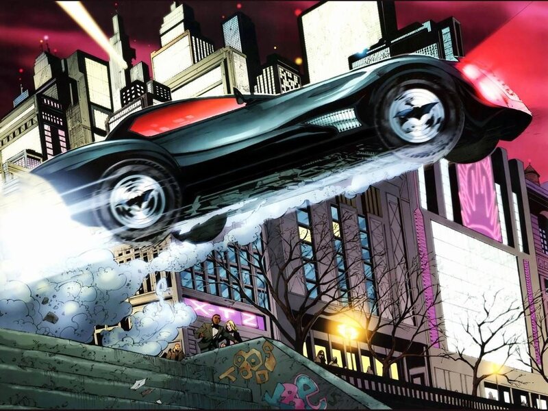 Batmobile in action over Gotham