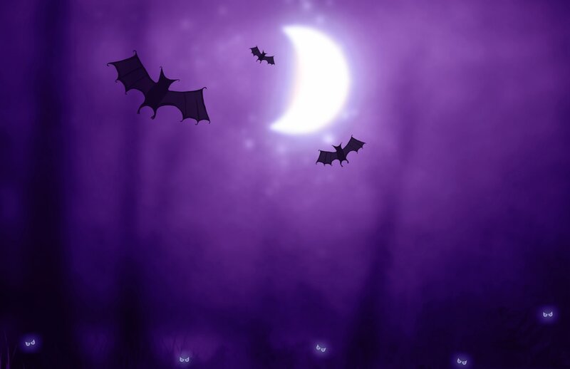Bats Flying at Night — Purple, Mysterious, Digital Art, Moon