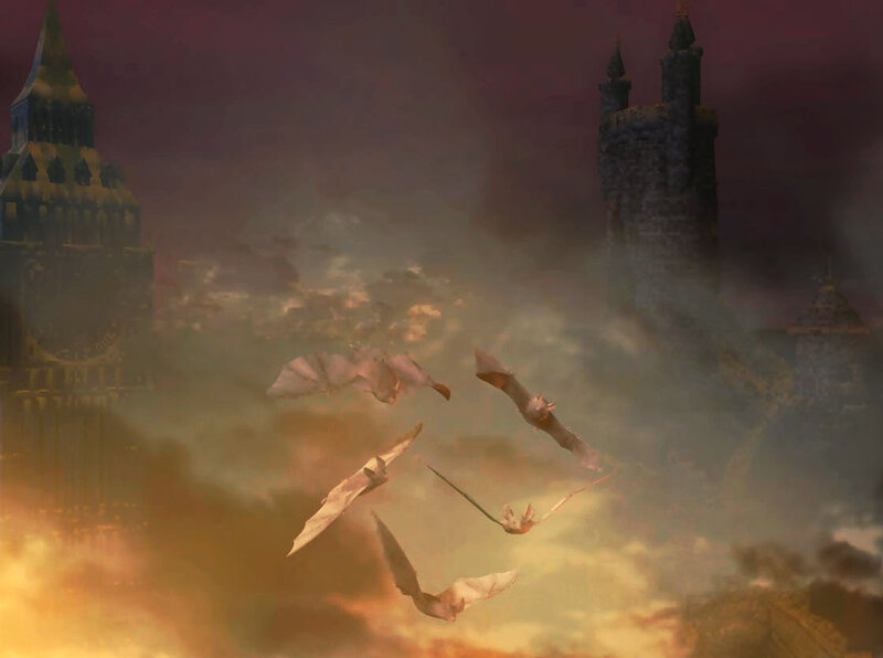 Bats flying over a castle