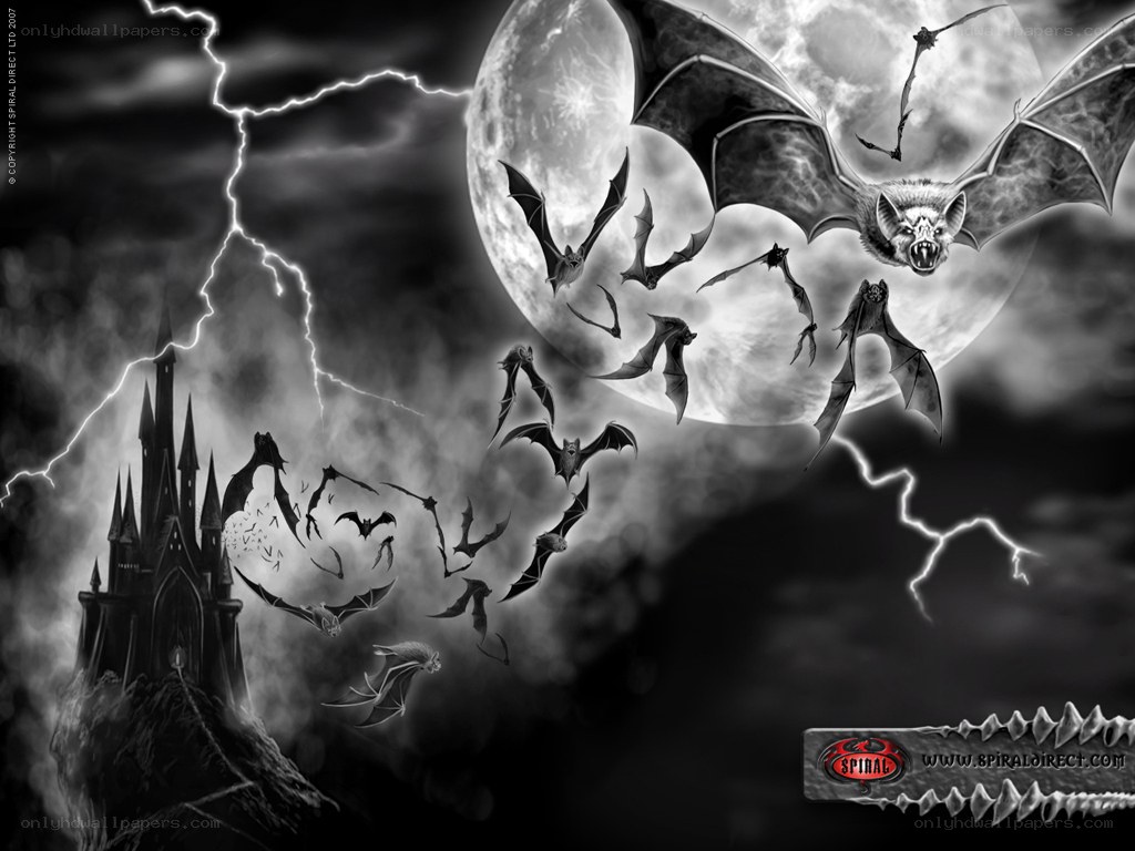 Bats flying over a castle