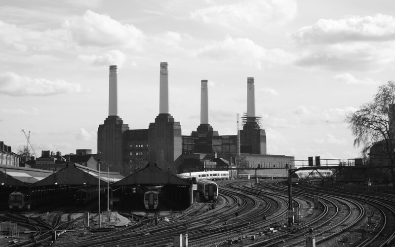 Battersea Power Station and railway tracks