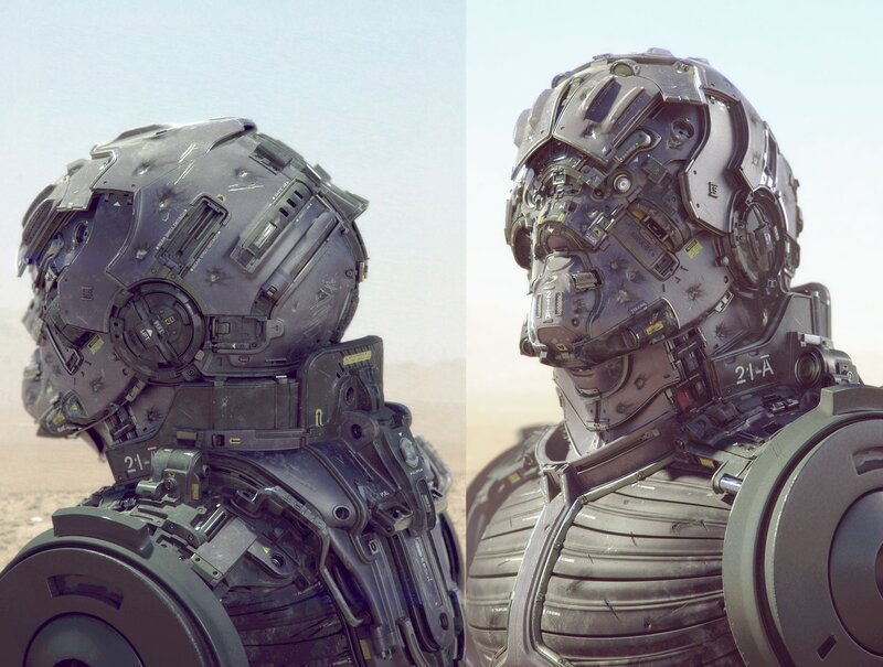 battle-damaged robot helmet
