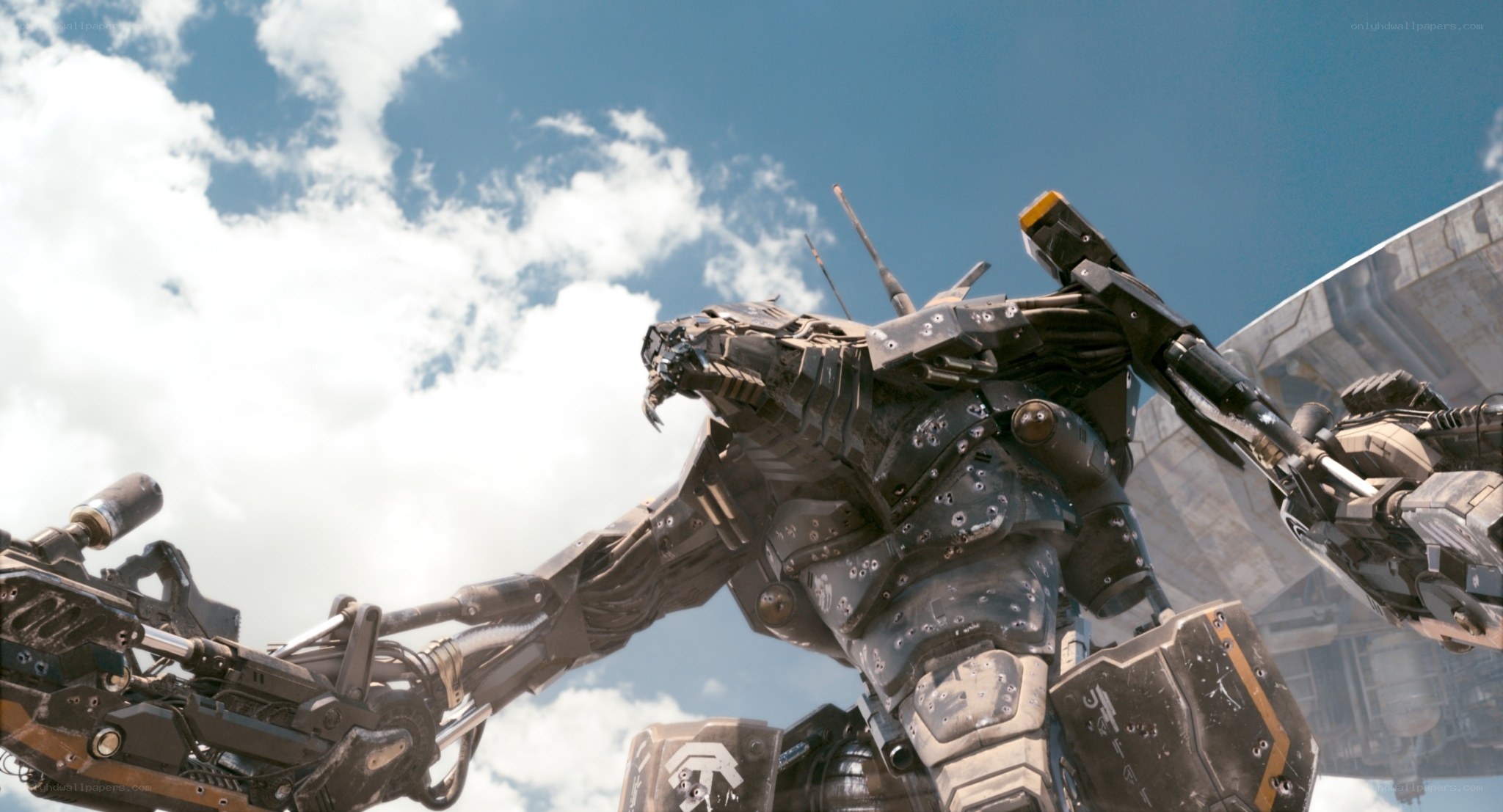battle-damaged robot in sky