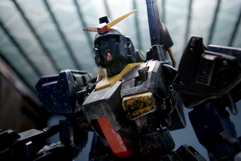 battle-worn gundam model