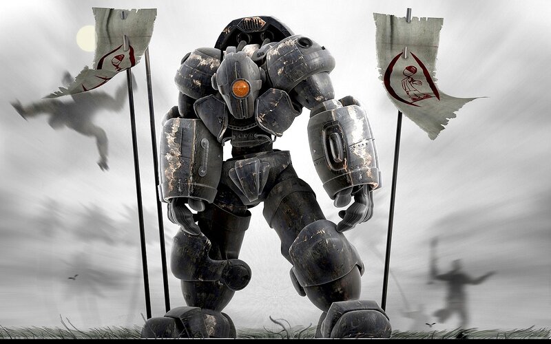 battle-worn mech robot